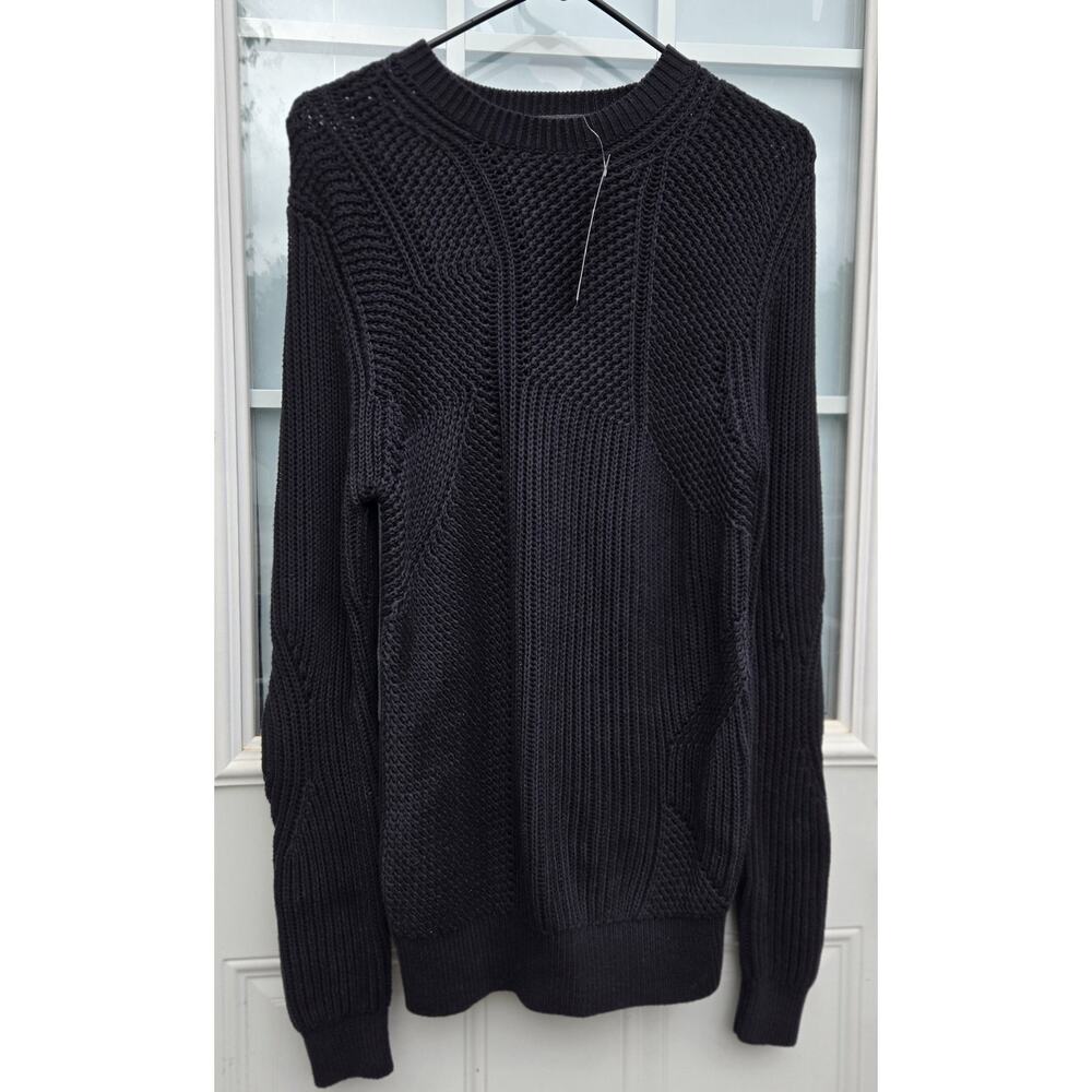 NWT French Connection Mens M Black Sweater Transfer Rib Crewneck Jumper‎ Long